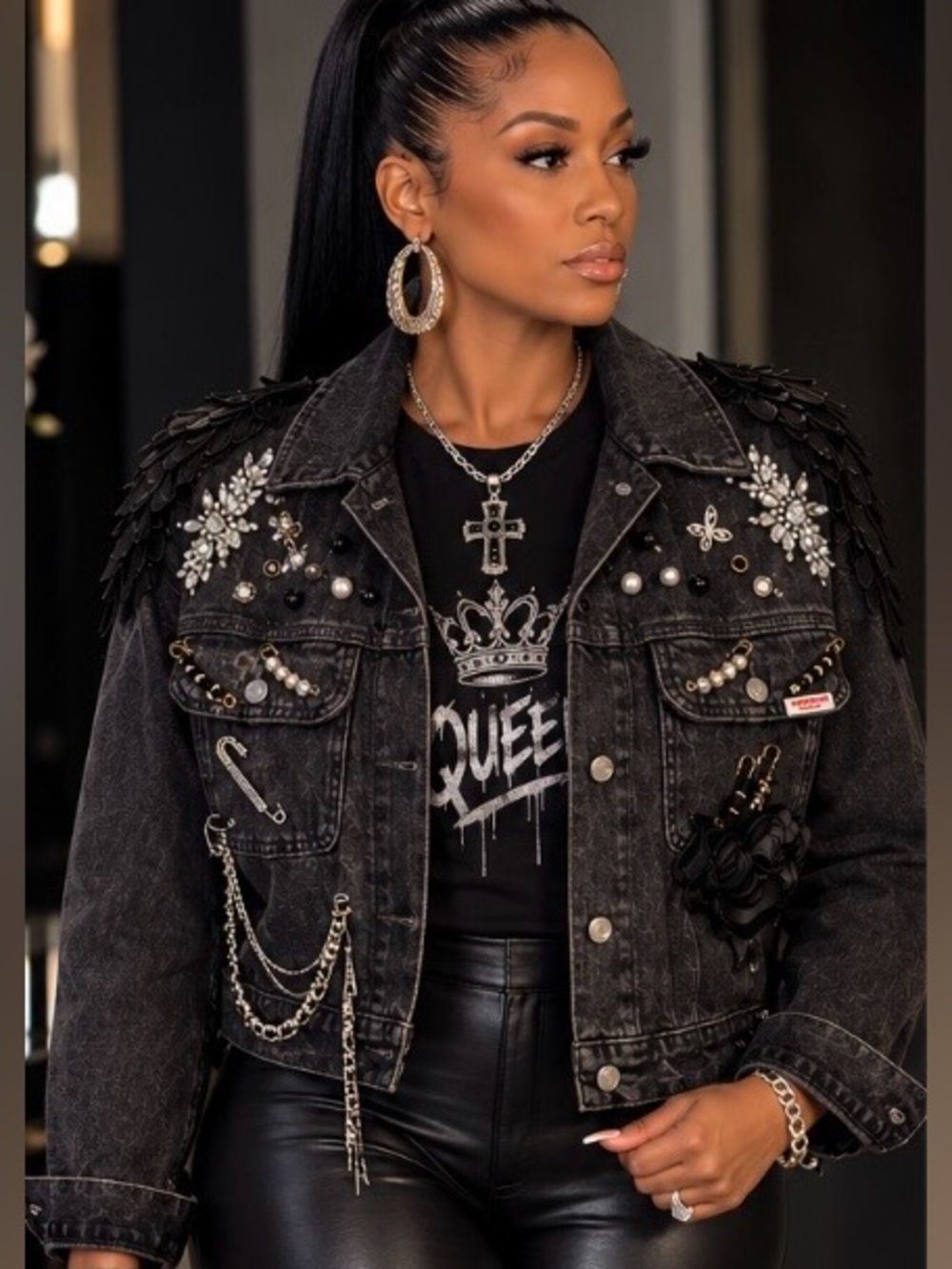 Embellished Dark Black Gray Women's Crystal Appliqué Customized Denim Jacket
